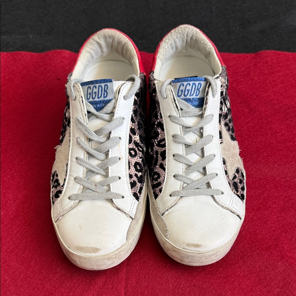 Women's Golden Goose SuperStar RoseGold/Black Sequin Leopard Print Sneakers -